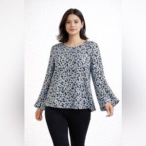 L’AGENCE Blue Silk Leopard Print Blouse Size M Bell Sleeve Chic Top Contemporary